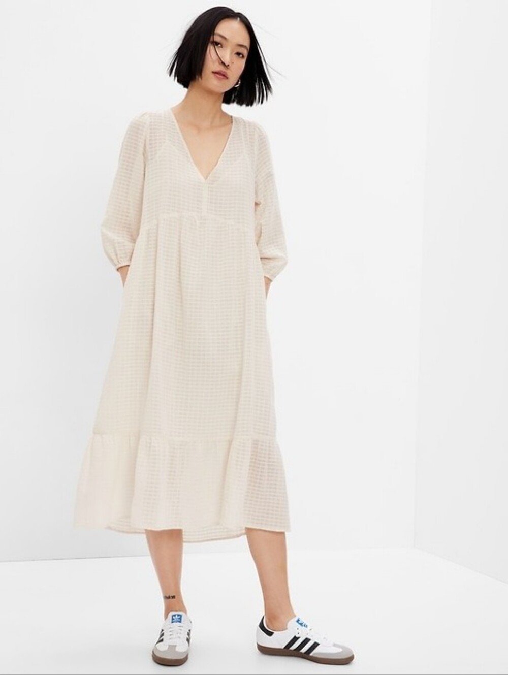 NWT GAP V-Neck Tiered 100% Cotton Midi Dress Size Small In Birch Beige